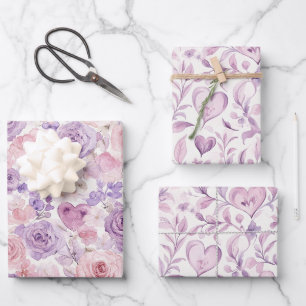 Pink Lavender Floral Hearts Birthday Wrapping Paper Sheets