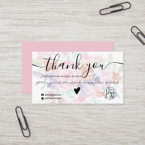 Pink lavender floral watercolor order thank you  business card