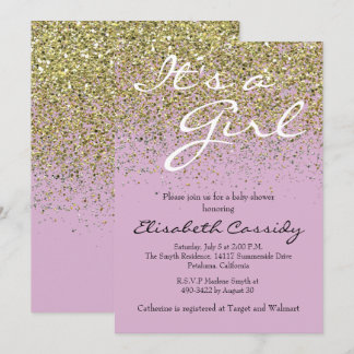 pink Lavender & Gold Glitter Baby Shower Invite