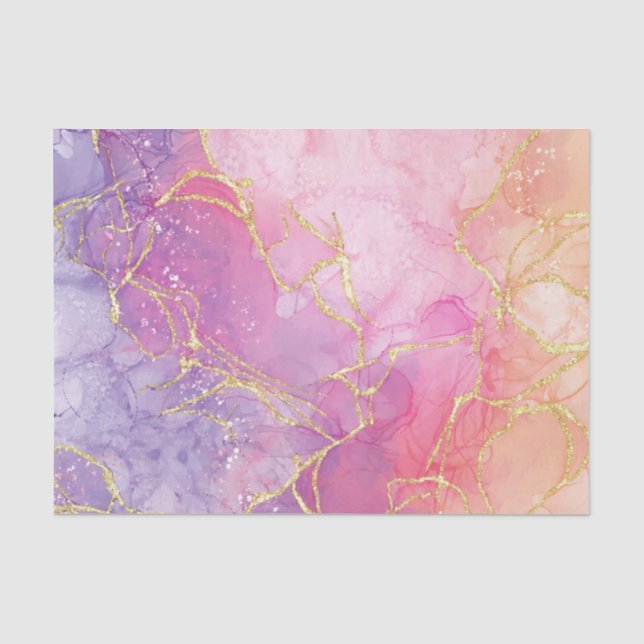 Pink Lavender Gold Glitter Cracked Marble Tissue Paper (Front)