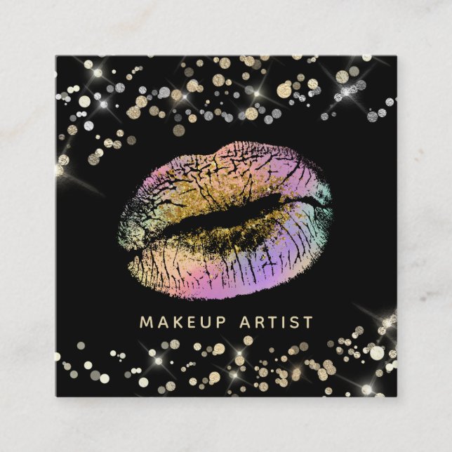 *~* Pink Lavender Gold Glitter Pastel Lips Makeup Square Business Card (Front)