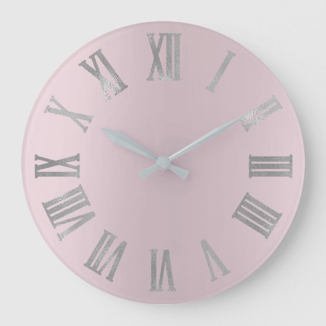 Pink Lavender Gray Minimal Metallic Roman Numers Large Clock (Front)