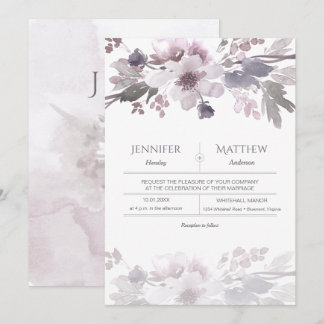 Pink Lavender Gray Watercolor Blossoms Wedding Invitation