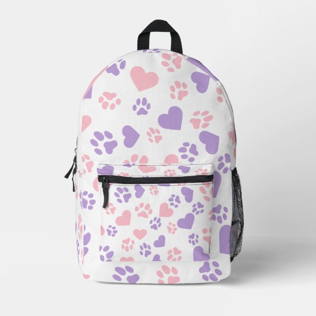 Pink & Lavender Heart Cat Paw Print Printed Backpack (Front)