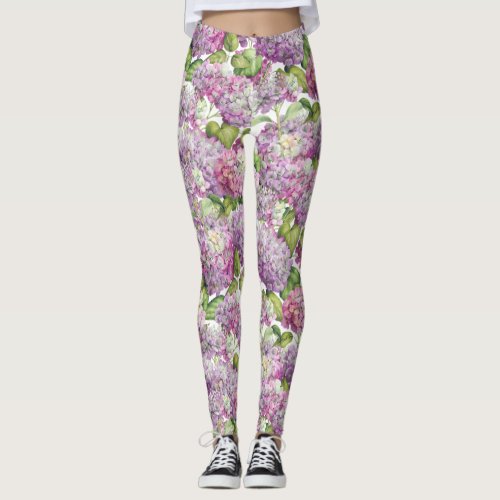 Pink Lavender Hydrangea Floral Pattern Leggings