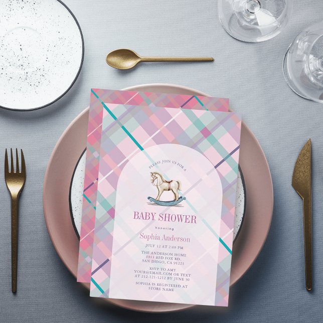 Pink Lavender Plaid Rocking Horse Girl Baby Shower Invitation (Creator Uploaded)