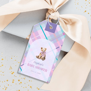 Pink & Lavender Plaid Teddy Bear Bow Baby Shower Gift Tags