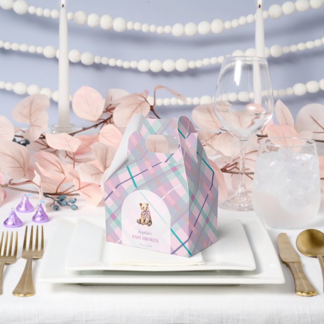 Pink & Lavender Plaid Teddy Bear Girl Baby Shower Favor Boxes (Wedding)