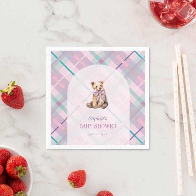 Pink & Lavender Plaid Teddy Bear Girl Baby Shower Napkins (Insitu)