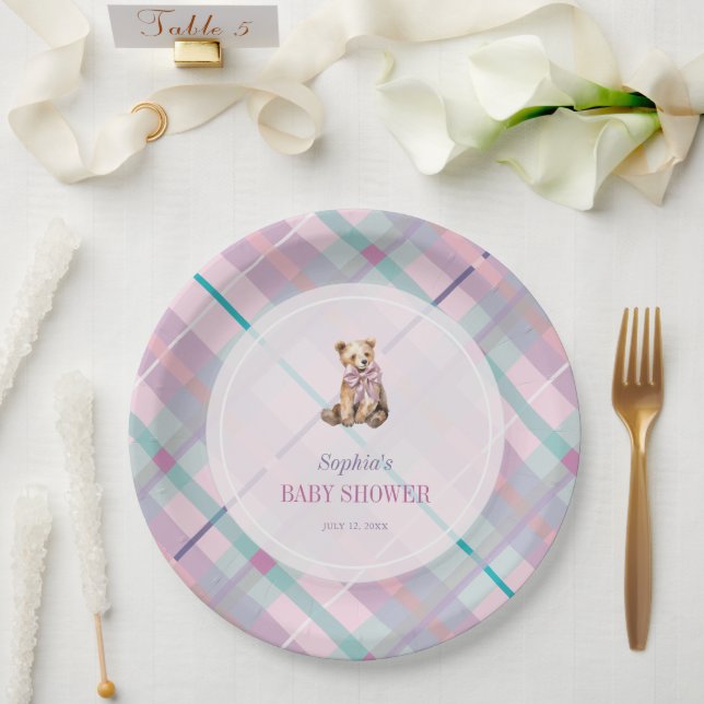 Pink & Lavender Plaid Teddy Bear Girl Baby Shower Paper Plates (Wedding)