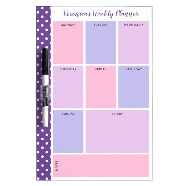 Pink Lavender Polka Dot Weekly Planner Dry Erase Board (Front)