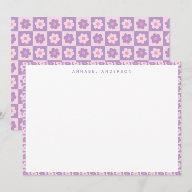 Pink Lavender Purple Flower Check Personalized Thank You Card (Front/Back)