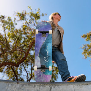 Pink Lavender Teal and Silver Glitter Personalized Skateboard