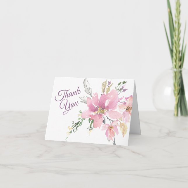 Pink Lavender Watercolor Floral Wedding Thank You (Front)