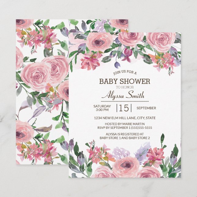 Pink Lavender Watercolor Spring Floral Baby Shower Invitation (Front/Back)