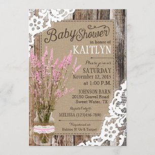 Pink Lavender Wood Lace Rustic Baby Shower Invitation