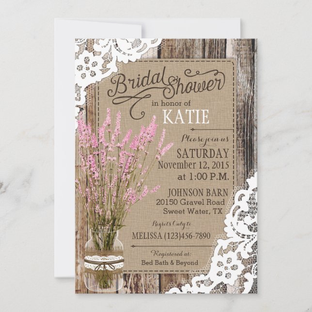 Pink Lavender Wood Lace Rustic Bridal Shower Invitation (Front)