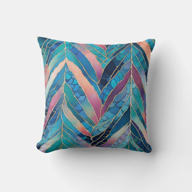 Pink Leaf And Mermaid Scales Pattern Throw Pillow (Front)