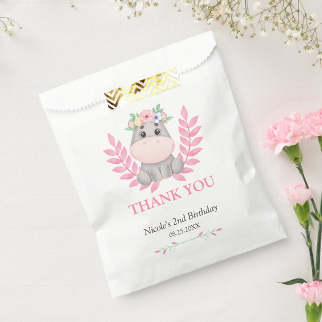 Pink Leaf Cute Hippo Floral Birthday Thank You Favor Bag (Sealed)