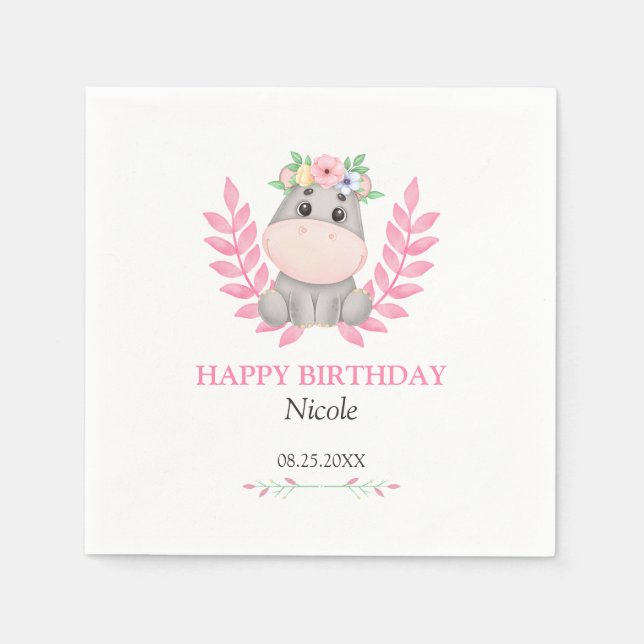 Pink Leaf Cute Hippo Floral Happy Birthday  Napkins (Front)