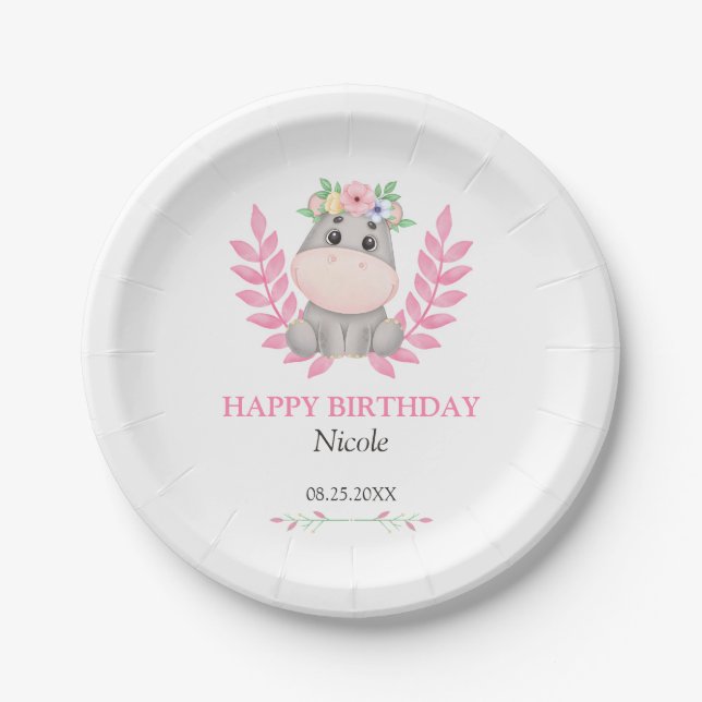 Pink Leaf Cute Hippo Floral Happy Birthday  Paper Plates (Front)