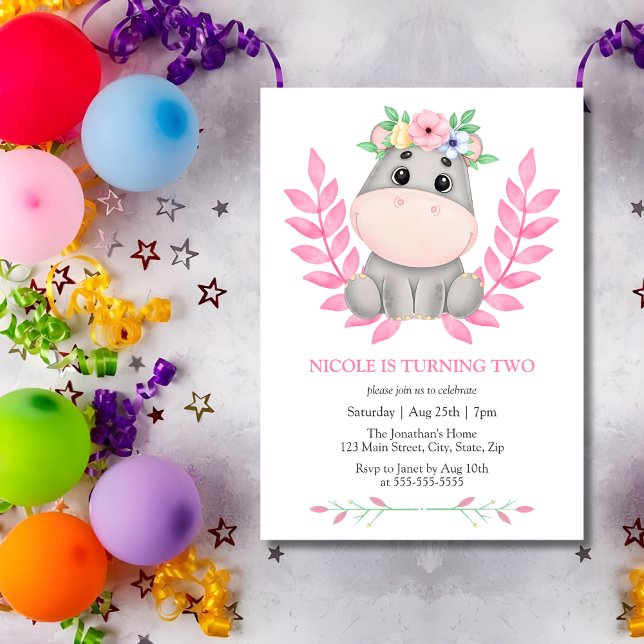 Pink Leaf Cute Hippopotamus Floral 2nd Birthday Invitation (Creator Uploaded)