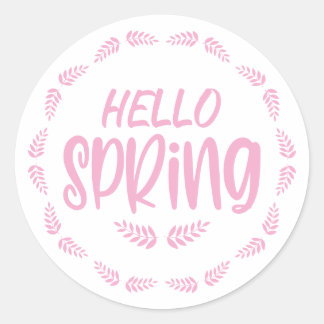Pink Leaf Hello Spring Classic Round Sticker