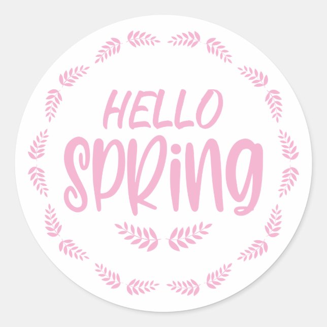 Pink Leaf Hello Spring Classic Round Sticker (Front)