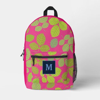 Pink Leaf Nature Pattern Modern Monogram  Printed Backpack by Trendshop at Zazzle