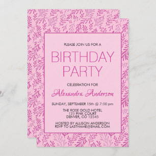 Pink Leaf Pattern Elegant Birthday Party Invitation