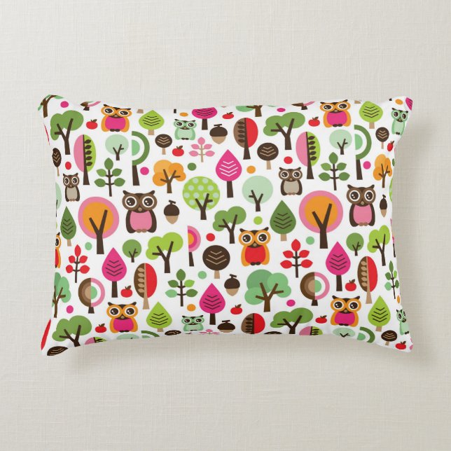 pink leaf tree retro owl pattern accent pillow (Front)