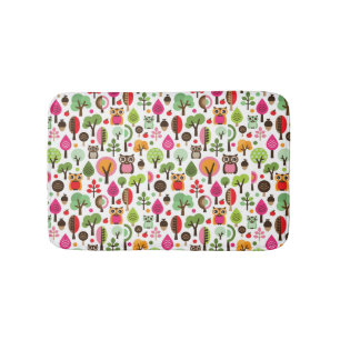pink leaf tree retro owl pattern bath mat