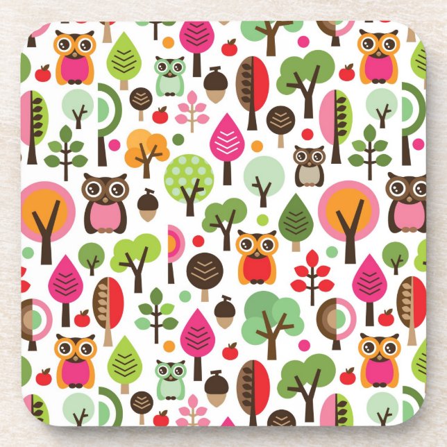 pink leaf tree retro owl pattern beverage coaster (Front)