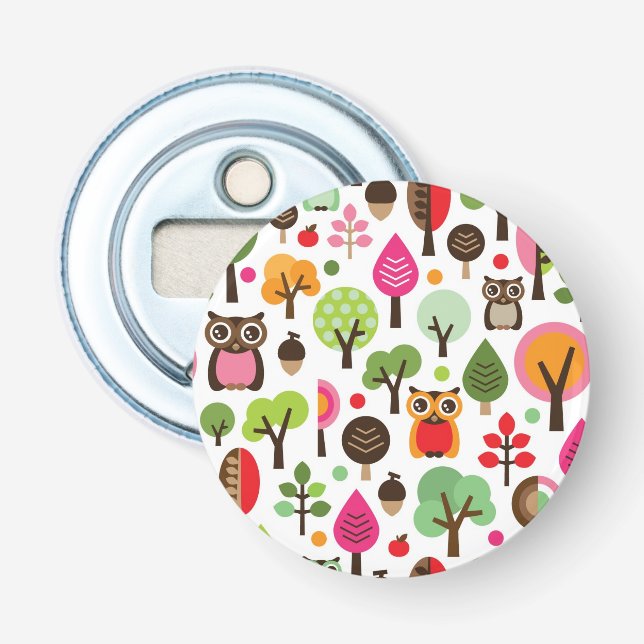 pink leaf tree retro owl pattern bottle opener (Front)
