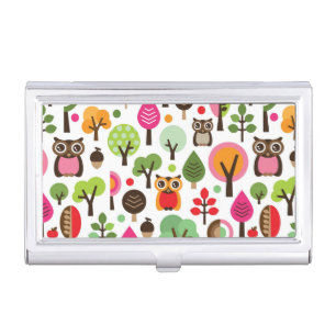 pink leaf tree retro owl pattern business card holder