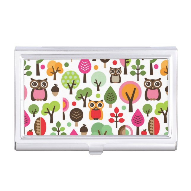 pink leaf tree retro owl pattern business card holder (Front)