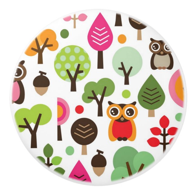 pink leaf tree retro owl pattern ceramic knob (Front)