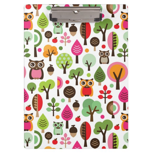 pink leaf tree retro owl pattern clipboard (Front)