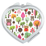 pink leaf tree retro owl pattern compact mirror