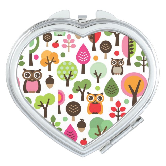 pink leaf tree retro owl pattern compact mirror (Front)