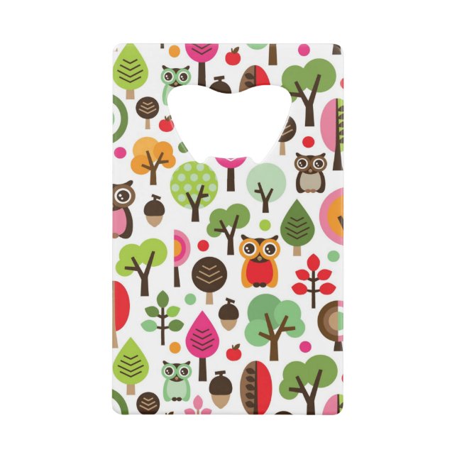 pink leaf tree retro owl pattern credit card bottle opener (Front)