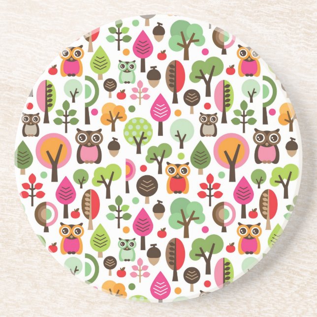 pink leaf tree retro owl pattern drink coaster (Front)
