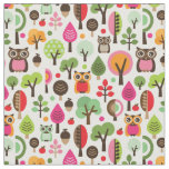 pink leaf tree retro owl pattern fabric