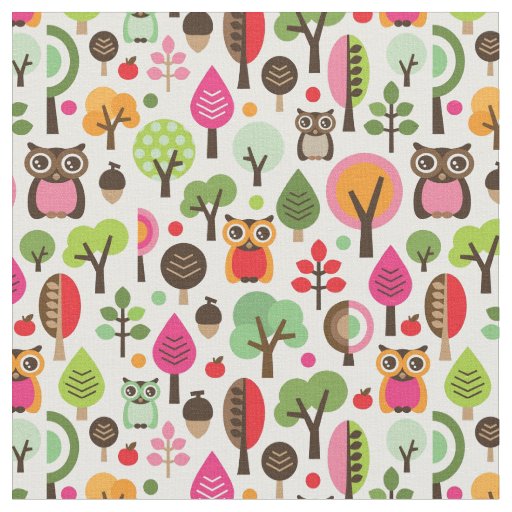 pink leaf tree retro owl pattern fabric