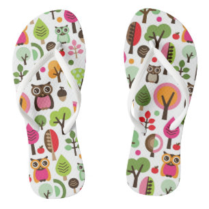pink leaf tree retro owl pattern flip flops