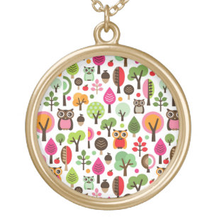 pink leaf tree retro owl pattern gold plated necklace