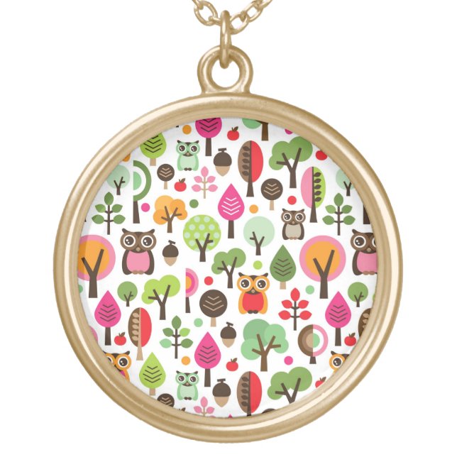 pink leaf tree retro owl pattern gold plated necklace (Front)