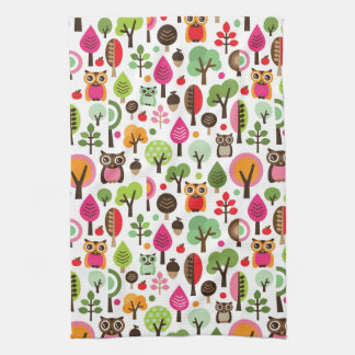pink leaf tree retro owl pattern kitchen towel