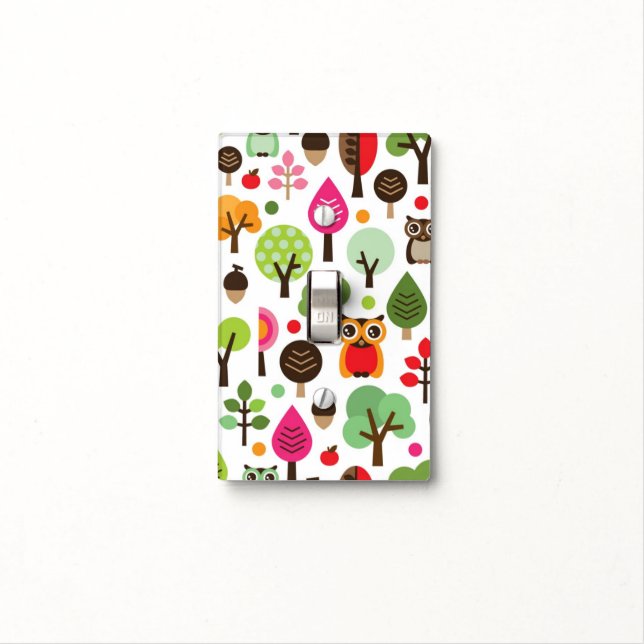 pink leaf tree retro owl pattern light switch cover (In Situ)