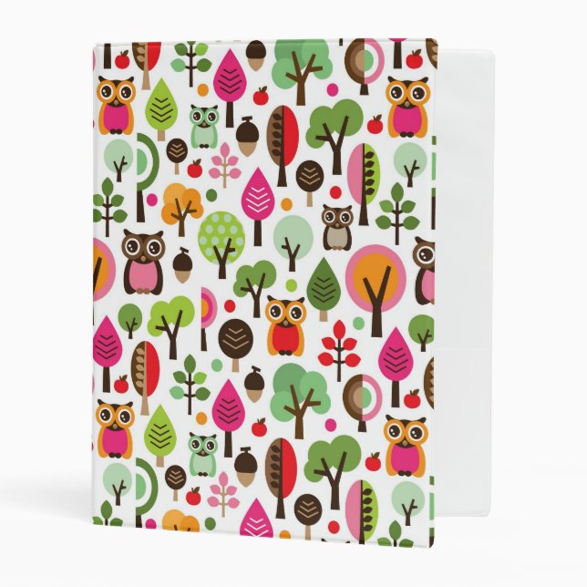 pink leaf tree retro owl pattern mini binder (Front/Inside)
